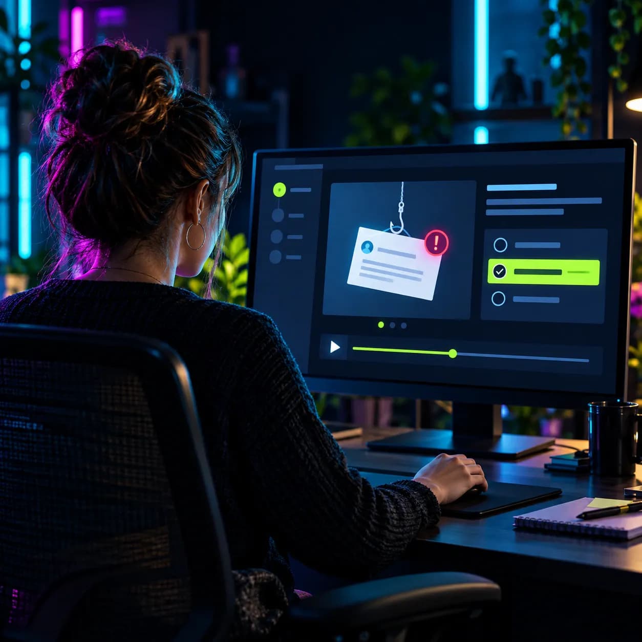 Zaměstnankyně sleduje na počítači bezpečnostní e-learning s ukázkou phishingového e-mailu a kvízem od BOIT Cyber security.